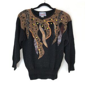 Vintage Hollywood & Vine Black Sweater Brown Abstract Applique Sequins Size M